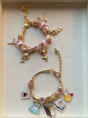 Gold-tone Pink Charm Bracelet Set - Elegant Women's Jewelry - Bundle of 2